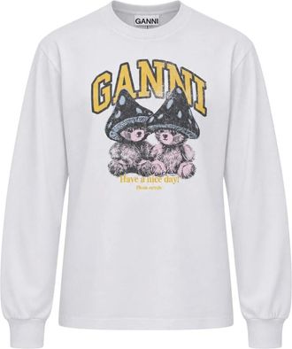 Ganni Camiseta de manga larga con oso de peluche y champi&ntilde;ones - Tops - Mujer - Blanco - XS