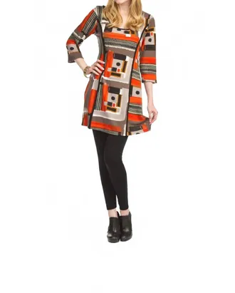 Papillon Geometric Block Print 3/4 Sleeve Panel Dress In Grey
