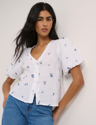 Nobody's Child White Ditsy Floral Puff Sleeve Top