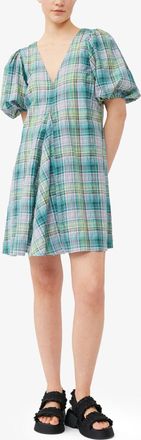 Ganni Green Seersucker Check V-Neck Mini Dress