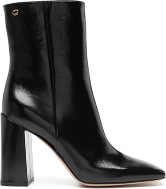 Gianvito Rossi Zwarte Leren Enkellaarzen met Blokhak - Dames - Laarzen met Hak - Zwart - 39 1/2 EU - Leer - Schoenen