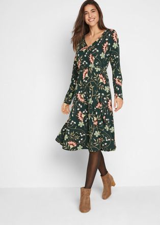 Bonprix Jerseykleid BONPRIX Baumwoll-Jerseykleid in Wickeloptik, Damen, Gr. 48/50 (XL), N-Gr, gr&uuml;n (tiefgr&uuml;n gebl&uuml;mt), Obermaterial: 95% Baumwolle, 5% Elastha