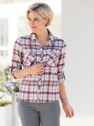 Casual Looks Flanellbluse CASUAL LOOKS, Damen, Gr. 44, rosa (rosenholz, ecru, kariert), 100% Baumwolle, gemustert, kariert, mehrfarbig, Blusen Flanellbluse