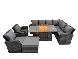 Fimous Rattan Corner Sofa Chair Set Gas Fire Pit Table with Big Footstool in Dark Grey