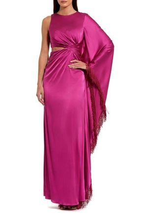Mac Duggal Charmeuse Kaftan Sleeve Assymetrical Fringe Gown in Magenta at Nordstrom, Size 10