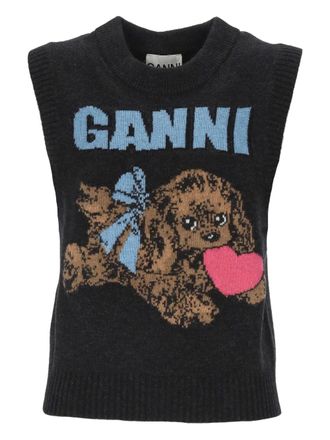 Ganni dog-graphic top - women - Wool/Recycled Wool/Recycled Polyester - L - Grey