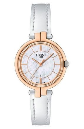 Tissot Flamingo Leather Strap Bracelet Watch, 30mm in White Mother Of Pearl/Silver at Nordstrom Rack
