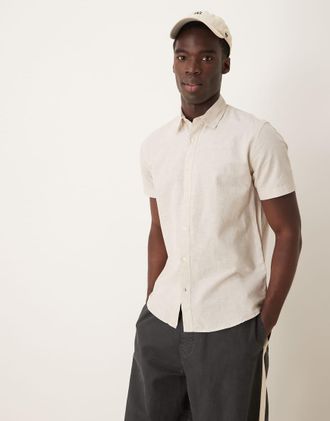 Selected linen blend short sleeve shirt in cream-White