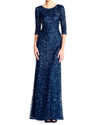 Adrianna Papell Scoop Neck Floor-Length Sequined Evening Gown In Deep Blue