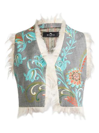 Etro floral-print fringed waistcoat - women - Wool/Polyester/Elastane/Viscose/Acetate - 40 - Grey