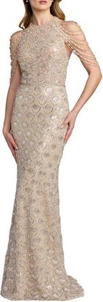 Mac Duggal Draped Pearl Beaded Embroidered Column Gown in Cream Nude at Nordstrom, Size 12