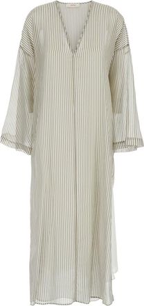 Jucca Green Caftan With V Neckline And All-Over Striped Motif In Cotton And Silk Blend Woman