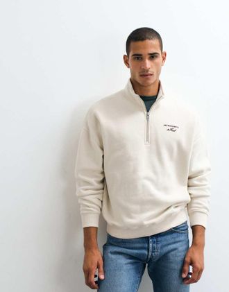 Abercrombie & Fitch felpa oversize con logo script e zip corta in crema-Bianco