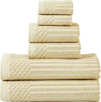 Superior Highly Absorbent 6Pc Solid And Checkered Border Cotton Towel Set