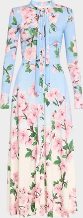 Oscar De La Renta Cherry Blossom Degrade Jersey Long-Sleeve Maxi Dress
