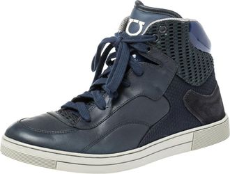 Ferragamo Blue Leather And Mesh High Top Sneakers