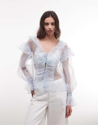 Monki Blusa a maniche lunghe azzurra trasparente con volant