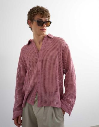 Topman Camicia comoda in rete rosa slavato-Blu