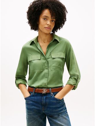 Tommy Hilfiger Womens Lightweight Utility Shirt - Green - XXS