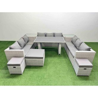 Fimous Patio Outdoor Garden Furniture Sets with Black Glass Top Dining Table 3 Seater Sofa 2 Side Tables 3 Stool Light Grey - Fimous