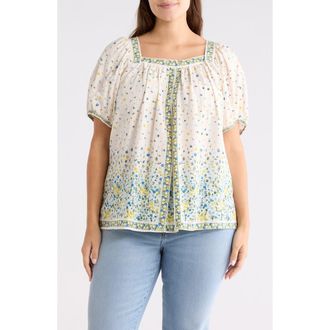 Max Studio Square Neck Puff Sleeve Cotton Blend Top in Cream/Blue Ditsy Spread at Nordstrom Rack, Size 2X