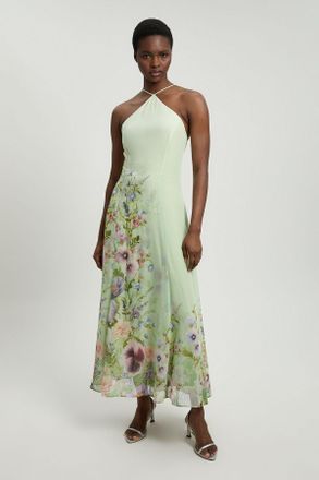 Karen Millen Womens Chiffon Floral Print Halter Neck Woven Maxi Dress - Green - Size 18 UK