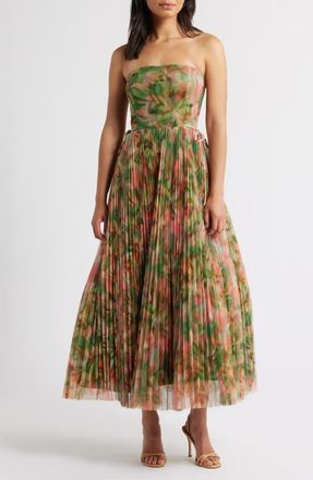 Hutch Pleated Strapless Mesh Gown in Sage Jungle at Nordstrom, Size 10