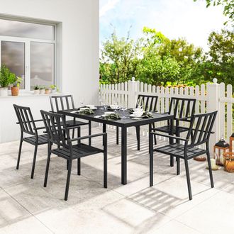 OUTSUNNY 7 PCs Garden Dining Set w/ Stackable Chairs & Metal Top Table in Black
