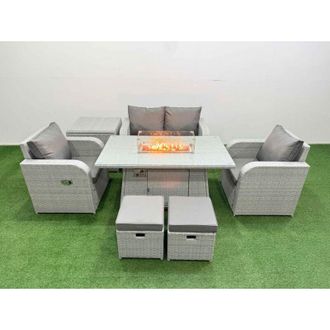 Fimous Light Grey pe Wicker Rattan Garden Furniture Set Sofa Set Reclining Chair Firepit Dining Table 6 Seater 2 Small Stools 2 Side Table - Fimous