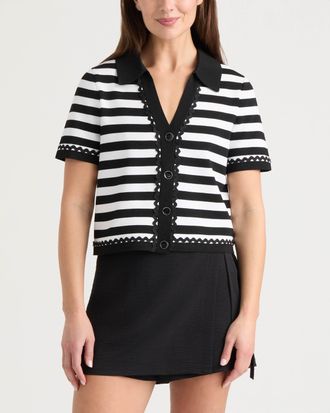Ellen Tracy Womens Short Sleeve Cardigan with Ric Rac Trims