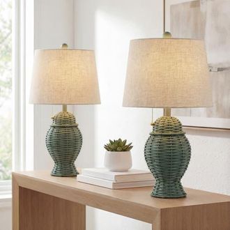 Jonathan Y Designs Margie Wicker 20.5 Bohemian Rustic Iron LED Table Lamp in Green at Nordstrom