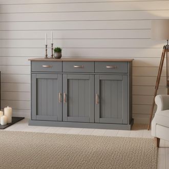 Dmora Dmora Buffet Con 3 Puertas Y 3 Cajones, En Pino Macizo Pintado Gris Con Tapa Y Acabados Marrones, 131x45x86 Cm, Con Embalaje Reforzado