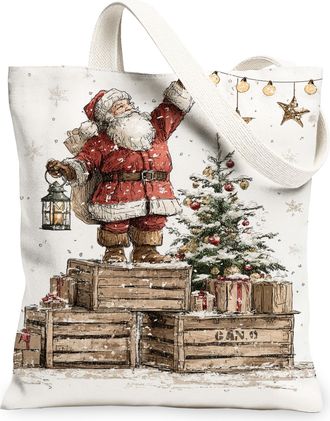 Generic Christmas Santa Canvas Tote Bags, Holiday Floral Design Reusable Grocery Bags, Winter Rustic Lightweight Washable Shoulder, White, 13x15 Inch