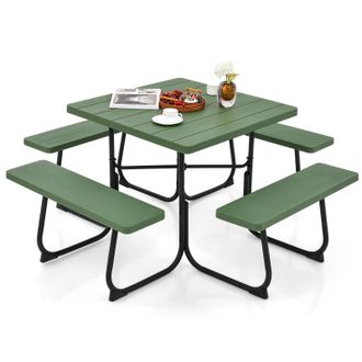Costway Costway Set Tavolo Da Picnic Quadrato Con Panche Per 8 Persone, Tavolo Da Picnic Con 4 Panche E Foro Per Ombrellone, Con Telaio In Metallo, Ogni Panca