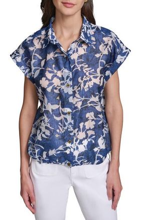 Karl Lagerfeld Floral Bungee Waist Button-Up Shirt in Midnight Navy/Soft White at Nordstrom, Size X-Small