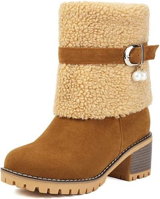 Generic Womens Chunky Heel Round Toe Snow Boots Patchwork Fur Trim Decor Pull On Warm Winter Shoes with Buckle Strap (7.5,Yellow)