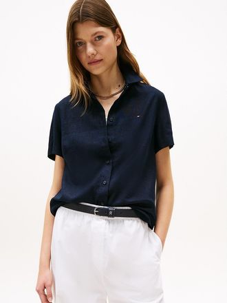 Tommy Hilfiger Womens Short-Sleeve Linen-Blend Shirt - Navy - XXL
