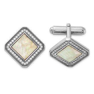 Diamond2Deal Sterling Silver Rhodium-plated Cubic Zirconia and Mother of Pearl Square Cuff Links