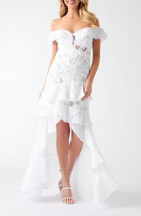 Guess Maya Lace Ruffle Off the Shoulder Maxi Dress in Open White at Nordstrom, Size 10