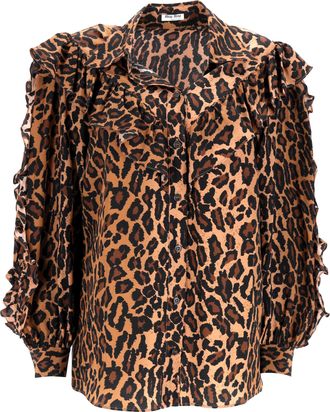 Miu Miu Miu Miu blouse met luipaardprint en ruches in bruine zijde