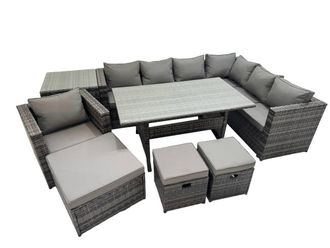 Fimous 10 Seater Patio Dining Corner Sofa Set with Chair Big Stool Side Table in Dark Grey