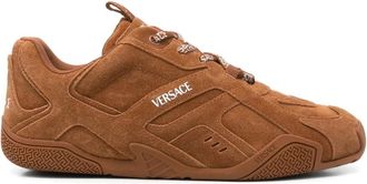 Versace Schoenen, Dames, Bruin, 36 EU, Leer, Bruine Sneakers met Grieks Motief