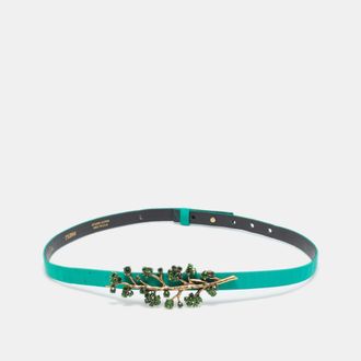 Oscar De La Renta Oscar De La Renta Green Satin Crystal Embellished Slim Belt