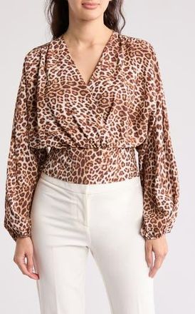 Renee C Leopard Smock Surplice Long Sleeve Top in Mocha at Nordstrom Rack, Size X-Small