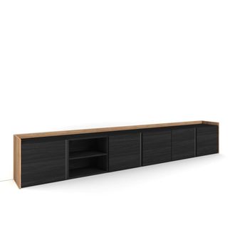 Skraut Home Skraut Home - Mobile Tv Soggiorno, Ampio Spazio A Disposizione, 309x35x50 Cm, Per Tv Fino A 80, Mobile Soggiorno, Stile Moderno, Nero E Rovere