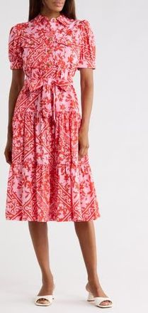 Derek Lam Buffy Floral Print Tie Waist Tiered Midi Dress in Pink Tile at Nordstrom Rack, Size 00