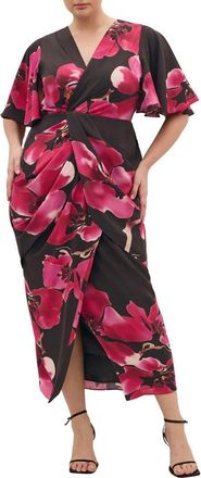 City Chic Braelynn Floral Flutter Sleeve Maxi Dress in Chocolate Fleur at Nordstrom, Size Xxxs