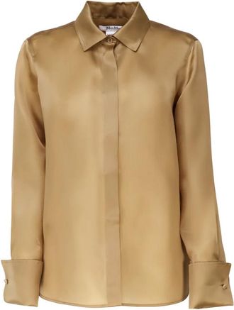 Max Mara Overhemden, Dames, Bruin, XL, Leer, Zijden Italiaanse Kraag Knoop Shirt