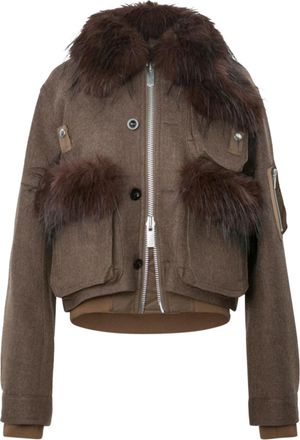 sacai Cropped Wool Melton Blouson with Plush Fur Collar
