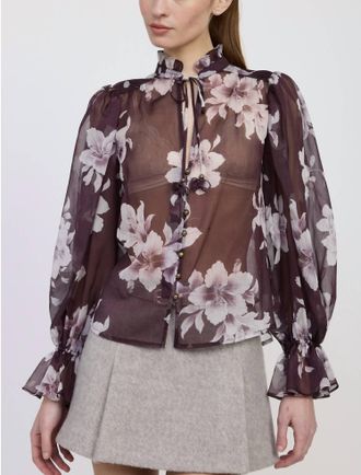En Saison Sheer Floral Top In Merlot